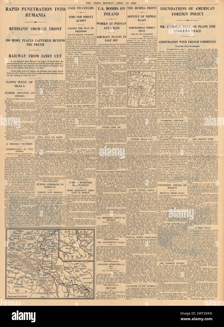 1944 le Times rapporte l'avancée de l'Armée rouge en Roumanie, l'US Air Force bombarde la Pologne, Cordell Hull fait après-guerre Solid Framework discours et bataille pour Kohima et Imphal en Birmanie Banque D'Images