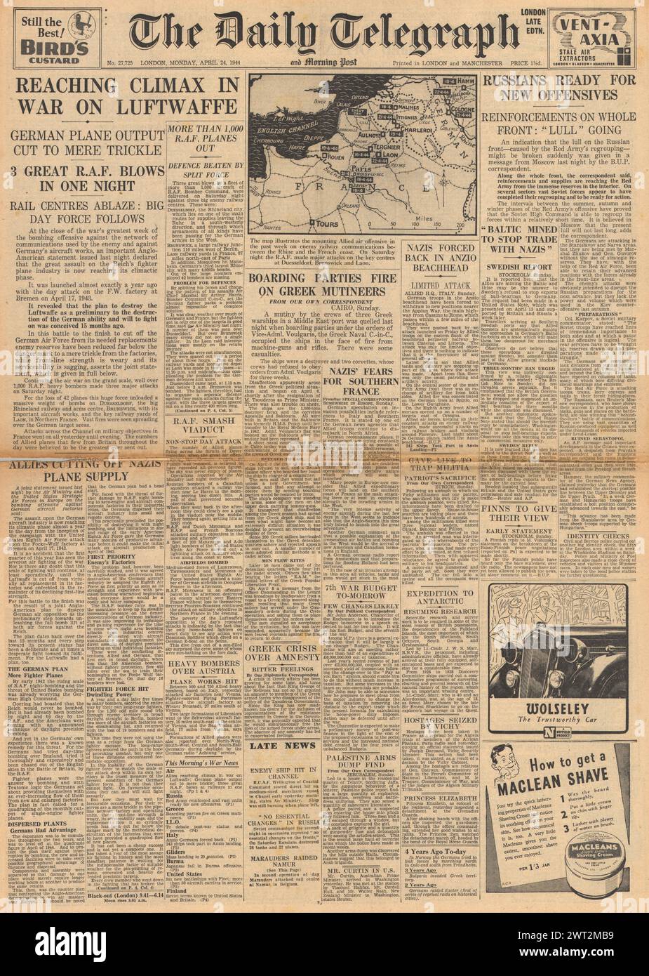 1944 la page d'accueil du Daily Telegraph rapporte que les défenses aériennes allemandes sont brisées, la mutinerie de la marine grecque et l'Armée rouge préparent de nouvelles offensives sur le front de l'est Banque D'Images