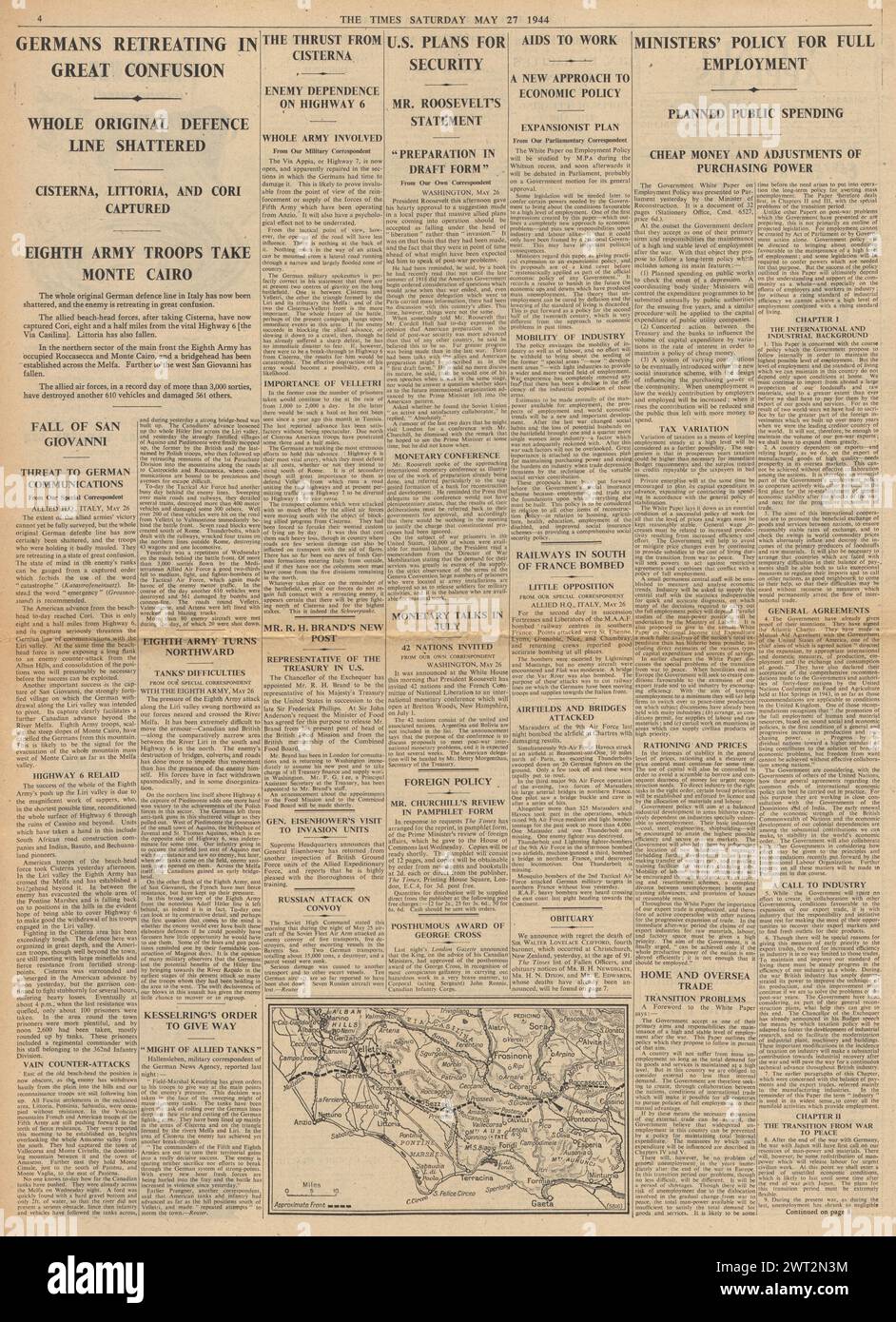 1944 le Times faisant état de la retraite des forces allemandes en Italie, Cisterna et Littoria capturées et le gouvernement prévoit un plein emploi après la guerre Banque D'Images