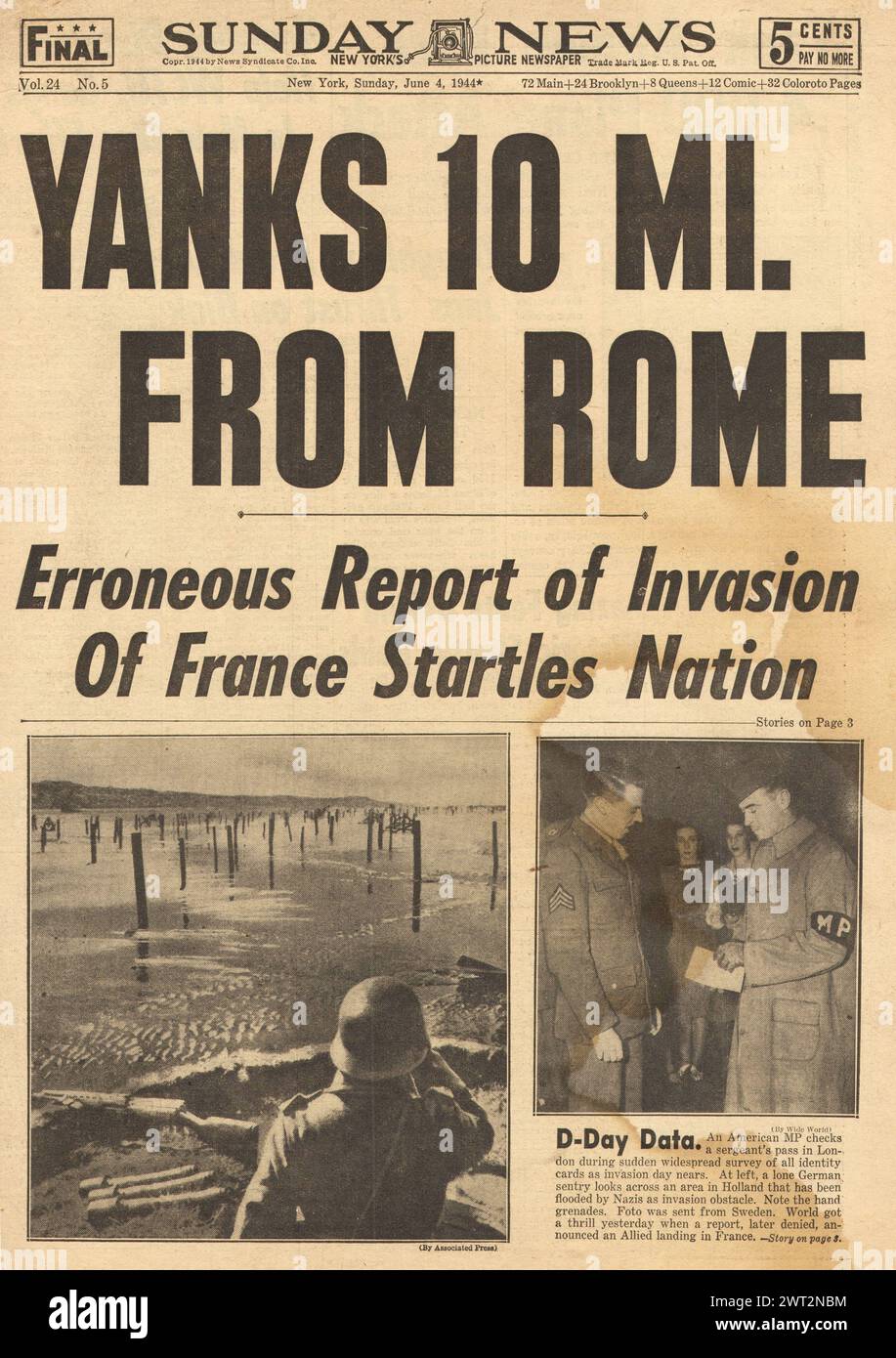 1944 Sunday News page d'accueil faisant état de l'avancée de l'armée américaine sur Rome Banque D'Images