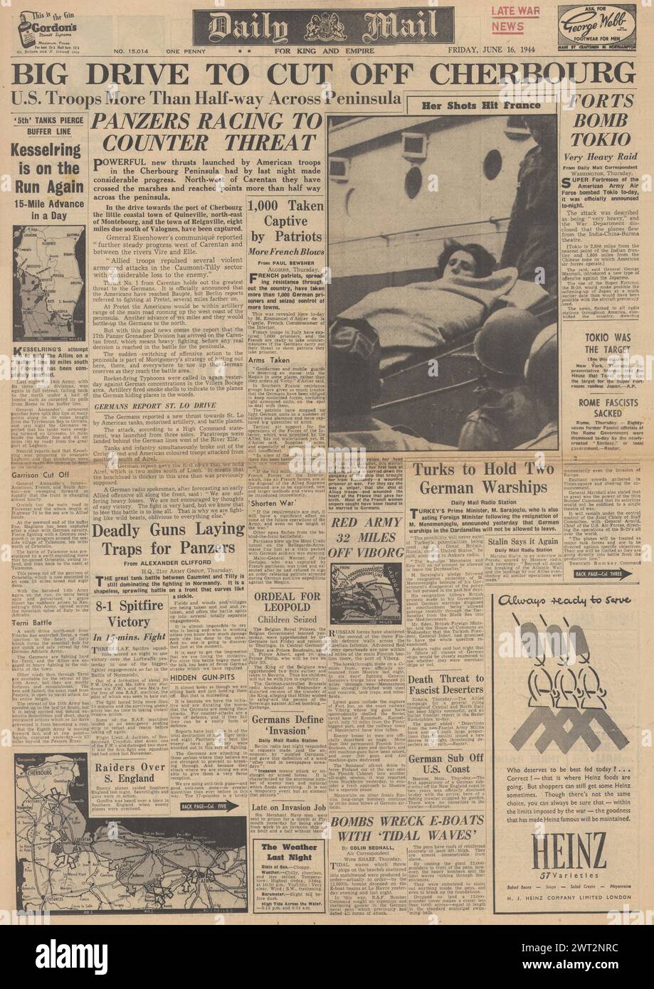 1944 Daily mail en première page sur la bataille de Cherbourg, la bombe de l'US Air Force Tokyo et les forces allemandes se retirent en Italie Banque D'Images