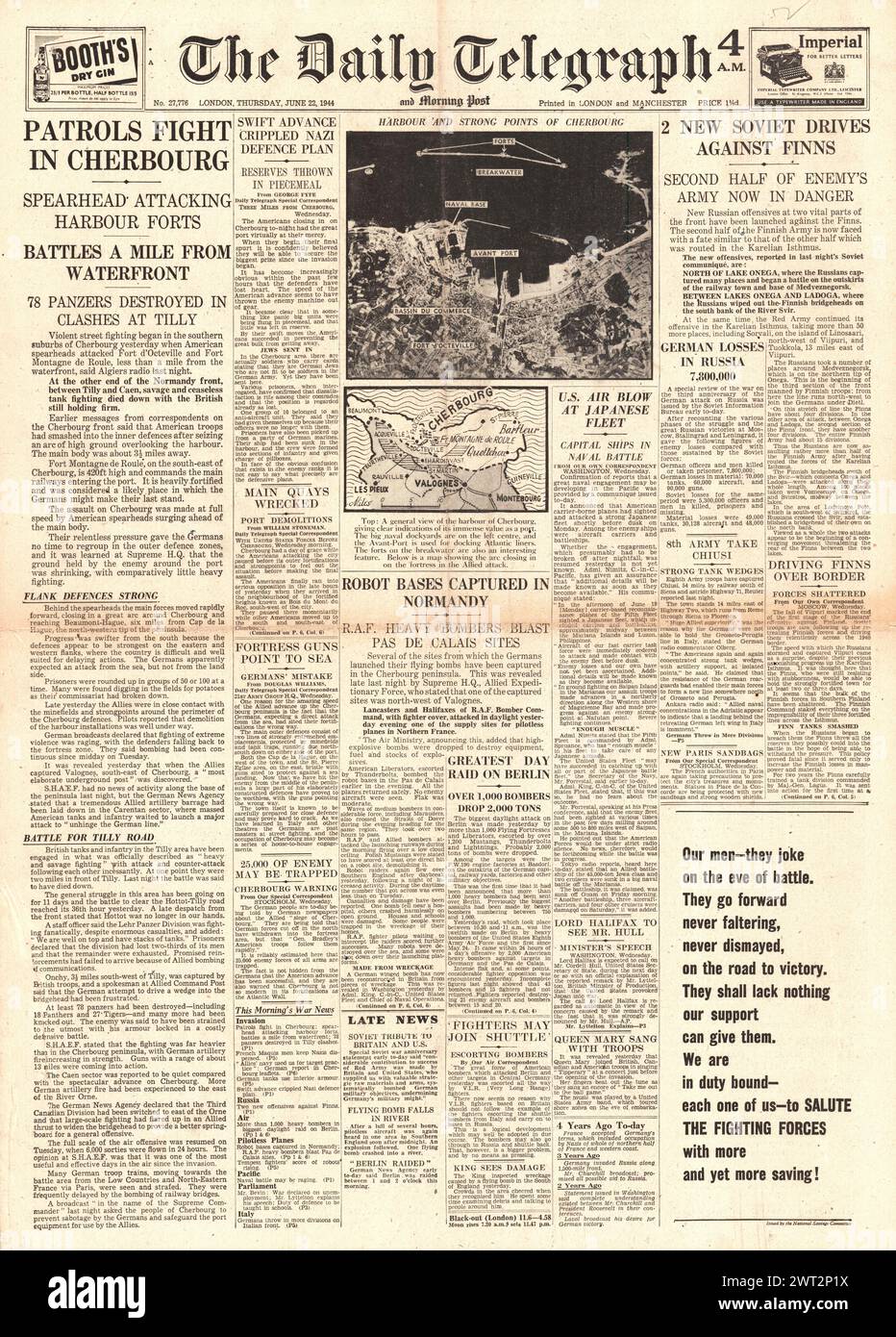 1944 la page d'accueil du Daily Telegraph rapporte la bataille de Cherbourg, la capture de sites de roquettes V1, la bataille de l'Armée Rouge avec les troupes finlandaises et la bataille de la mer des Philippines Banque D'Images