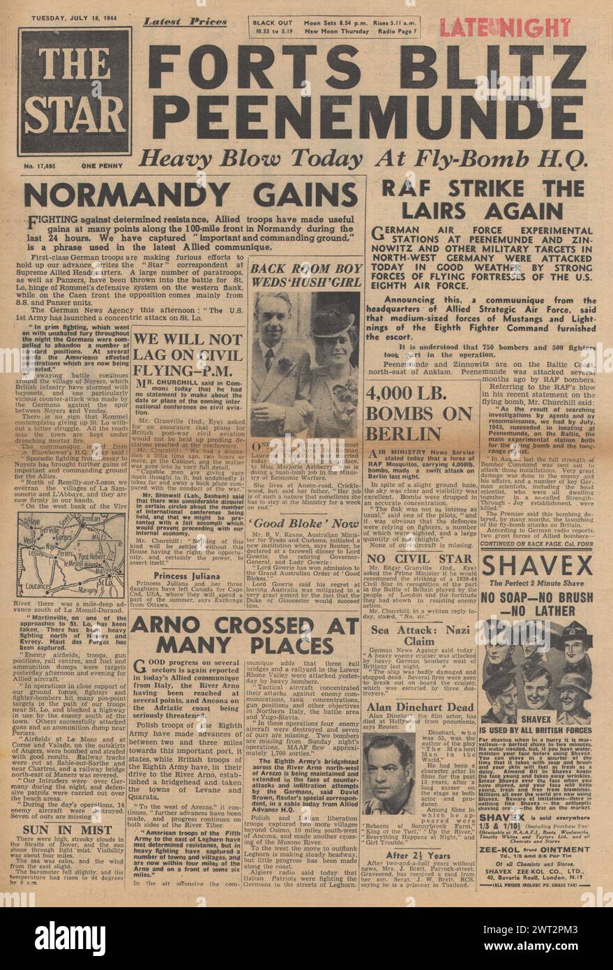 1944 la première page du Star rapporte un raid aérien sur Peenemunde et les gains alliés en Normandie Banque D'Images