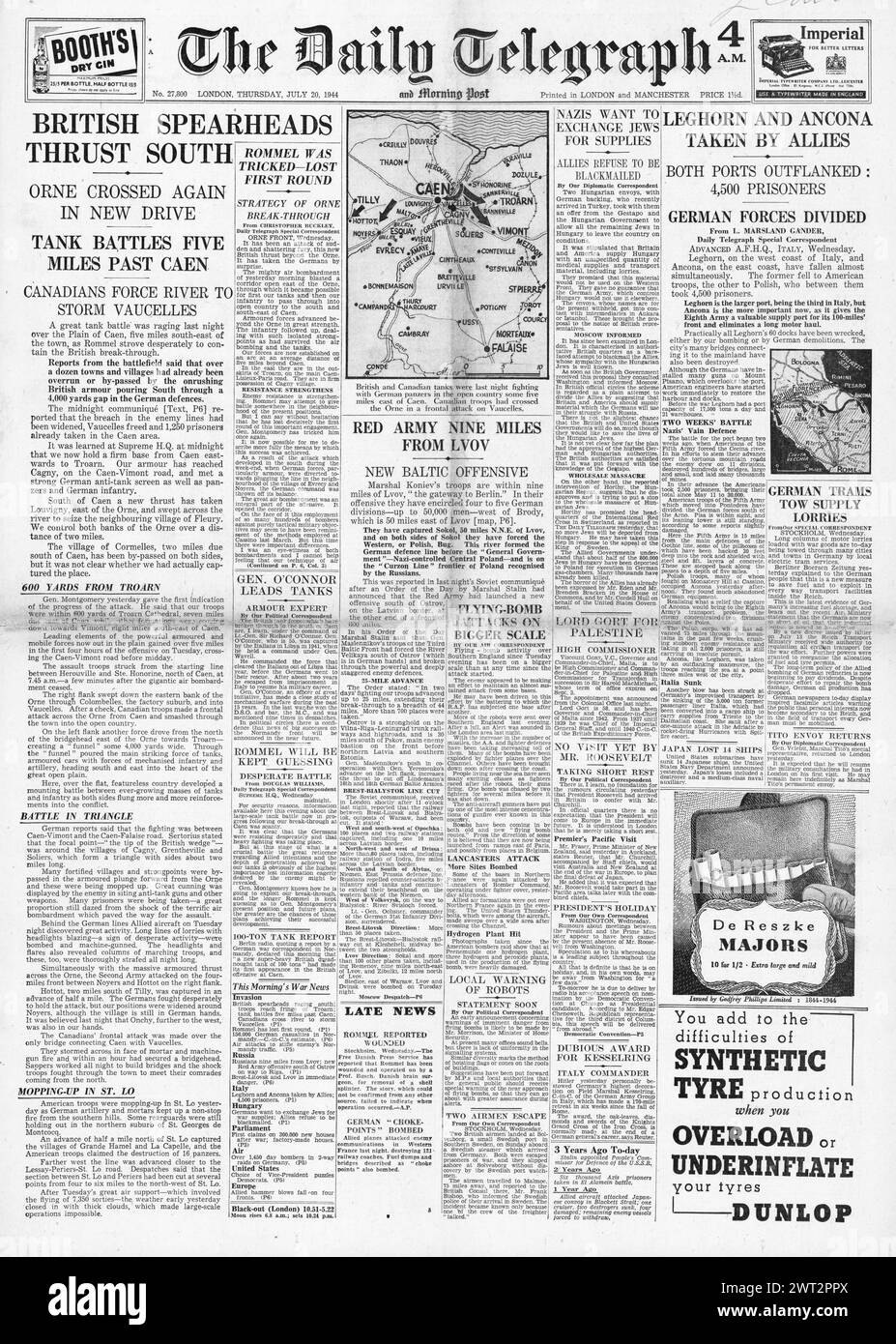 1944 la page d'accueil du Daily Telegraph rapporte l'avance de l'Armée rouge sur Lvov, la tête de l'Armée britannique au sud de Caen et les Alliés capturent Leghorn et Ancône Banque D'Images