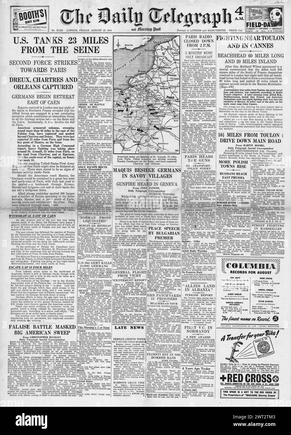 1944 le Daily Telegraph fait la une des reportages de la retraite de l'armée allemande en France, de l'avancée des forces américaines sur la Seine, de la capture d'Orléans et de Chartres et de la bataille pour Toulon et Cannes Banque D'Images