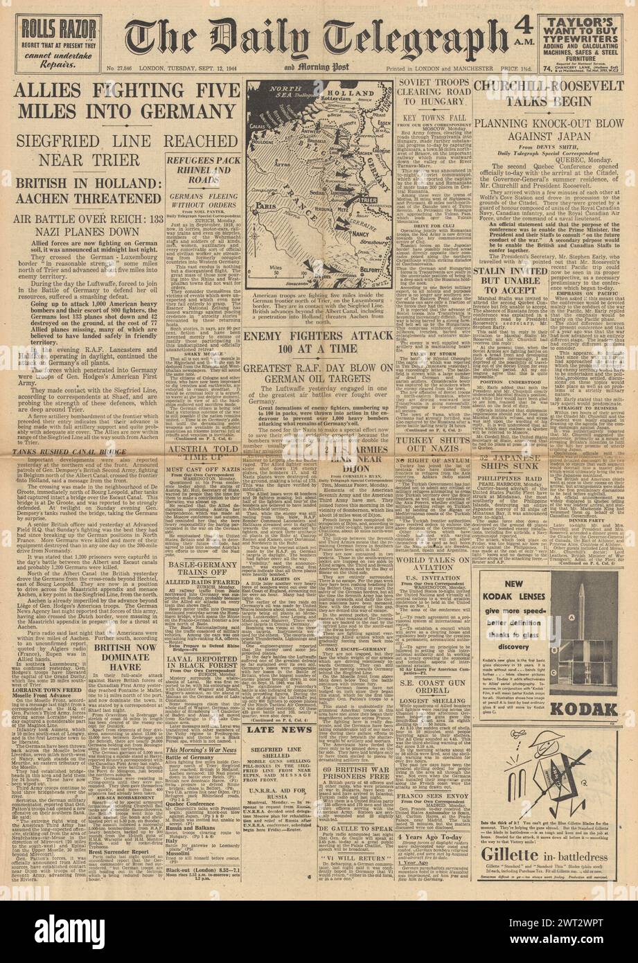 1944 le Daily Telegraph fait la une des reportages sur les troupes alliées envahissent l'Allemagne, les batailles aériennes au-dessus de l'Allemagne, les forces britanniques capturent le pont du canal Albert et les pourparlers de Churchill et Roosevelt au Québec Banque D'Images