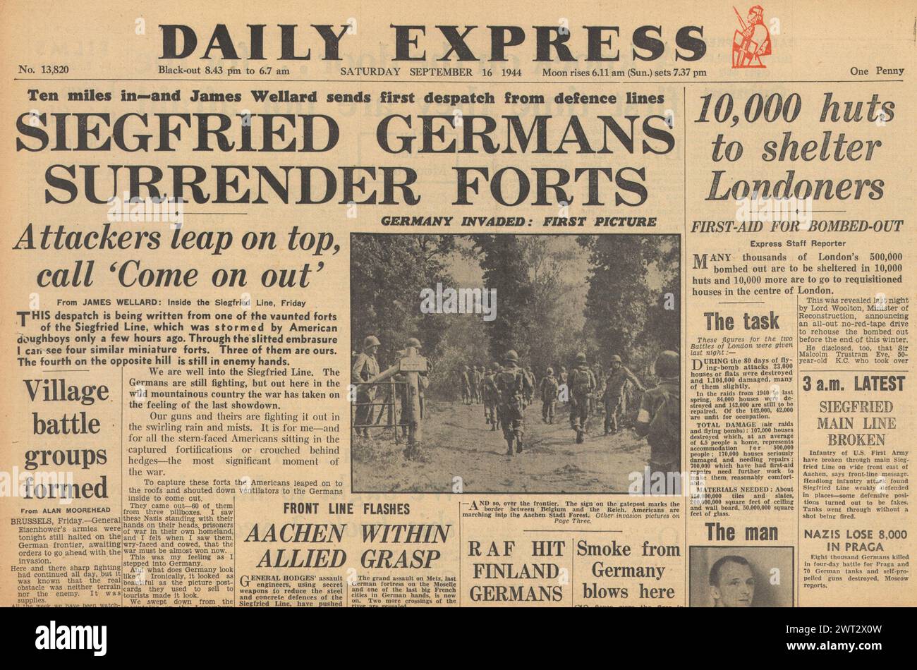 1944 Daily Express en première page sur la bataille des Alliés pour Aix-la-Chapelle, la brèche de la ligne Siegfried et le relogement bombardent les Londoniens Banque D'Images