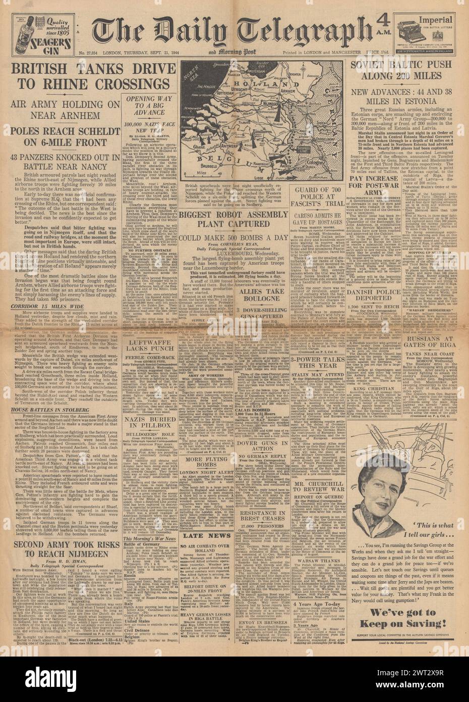 1944 la page de couverture du Daily Telegraph rapporte que les chars britanniques avancent vers le Rhin, la bataille d'Arnhem, l'avance de l'Armée rouge dans les états baltes et la capture de l'usine de roquettes V1 Banque D'Images