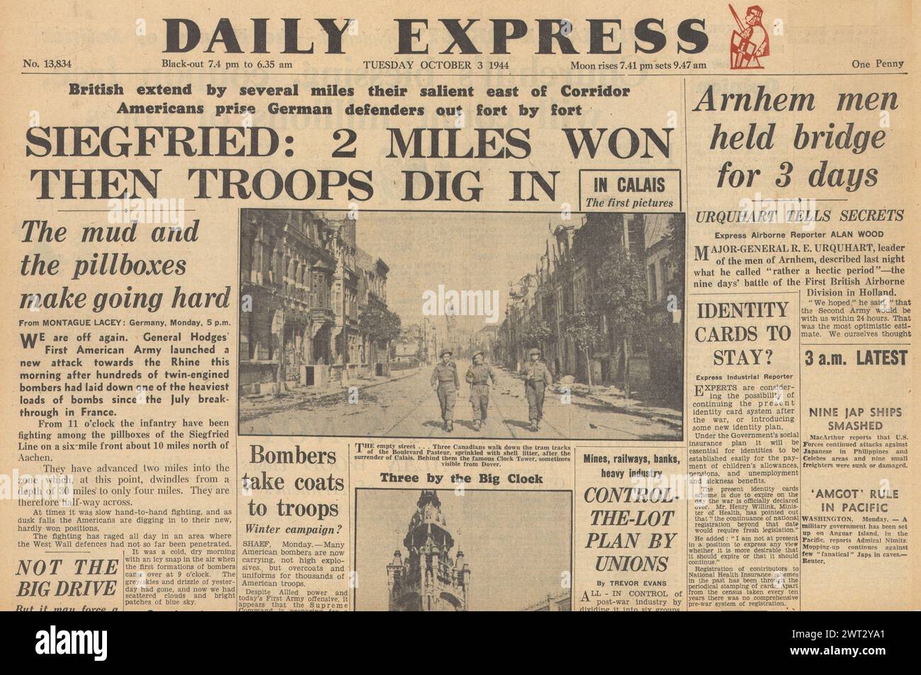 1944 Daily Express page d'accueil reportant bataille sur la ligne Siegfried, bataille pour Arnhem et les Alliés capturent Calais Banque D'Images
