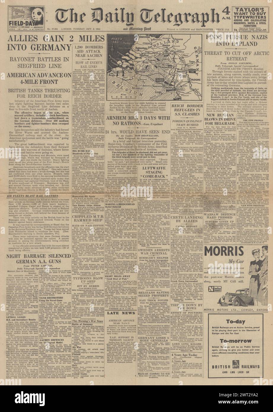 1944 la page d'accueil du Daily Telegraph rapporte les forces américaines à travers la ligne Siegfried, la bataille d'Arnhem et l'Armée rouge en Yougoslavie Banque D'Images