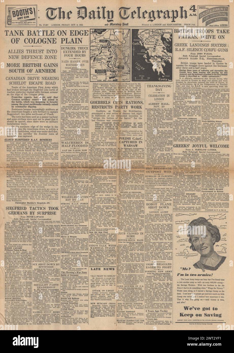 1944 le Daily Telegraph fait état de batailles de chars près de Cologne, les forces britanniques capturent Patras et Bor Komorowski capturés à Varsovie Banque D'Images