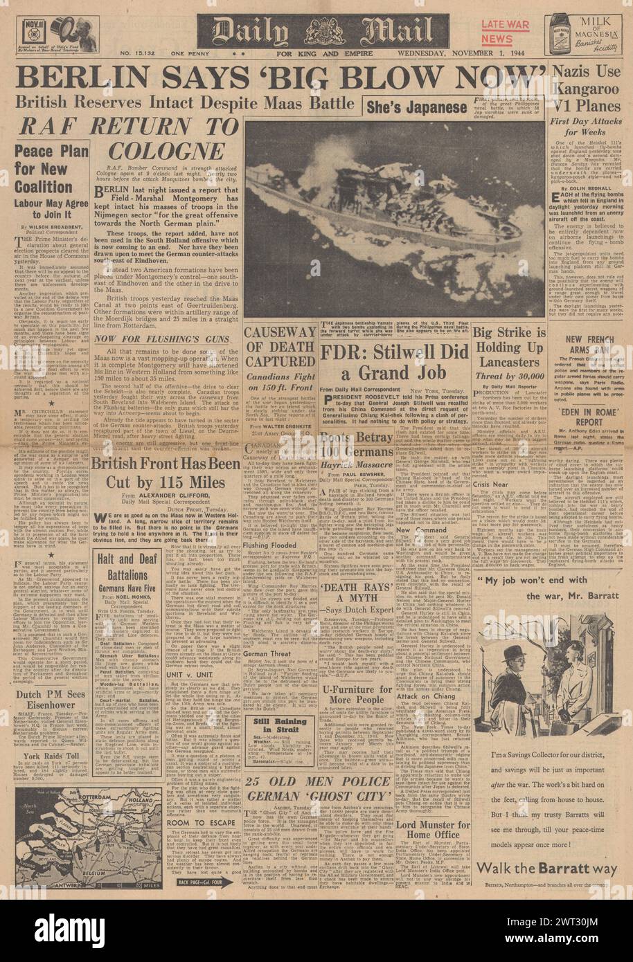 1944 Daily mail page de couverture faisant état de l'armée britannique sur la rivière Maas, de la bombe de la RAF Cologne et du cuirassé d'attaque Yamato de l'US Air Force Banque D'Images