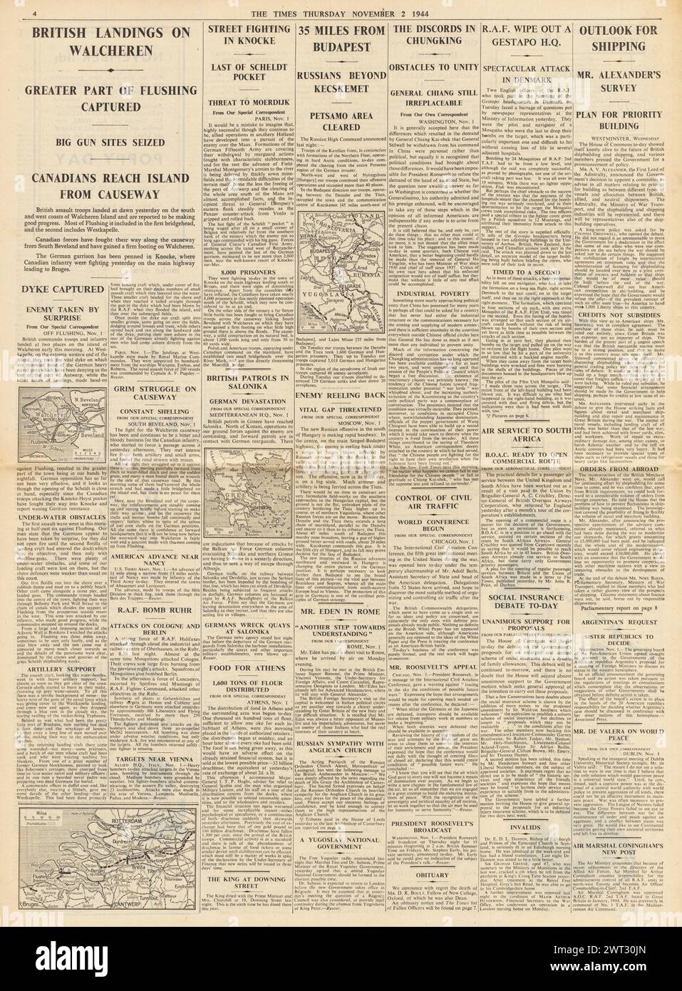 1944 le Times rapporte la bataille pour l'île Walcheren et les moustiques de la RAF attaquent le QG de la Gestapo à Aarhus Banque D'Images