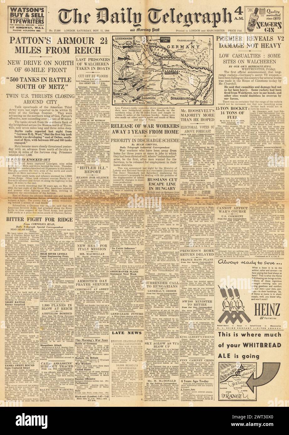 1944 la page d'accueil du Daily Telegraph rapporte des attaques de roquettes V2 sur la Grande-Bretagne et l'avancée de la troisième armée américaine en Lorraine Banque D'Images