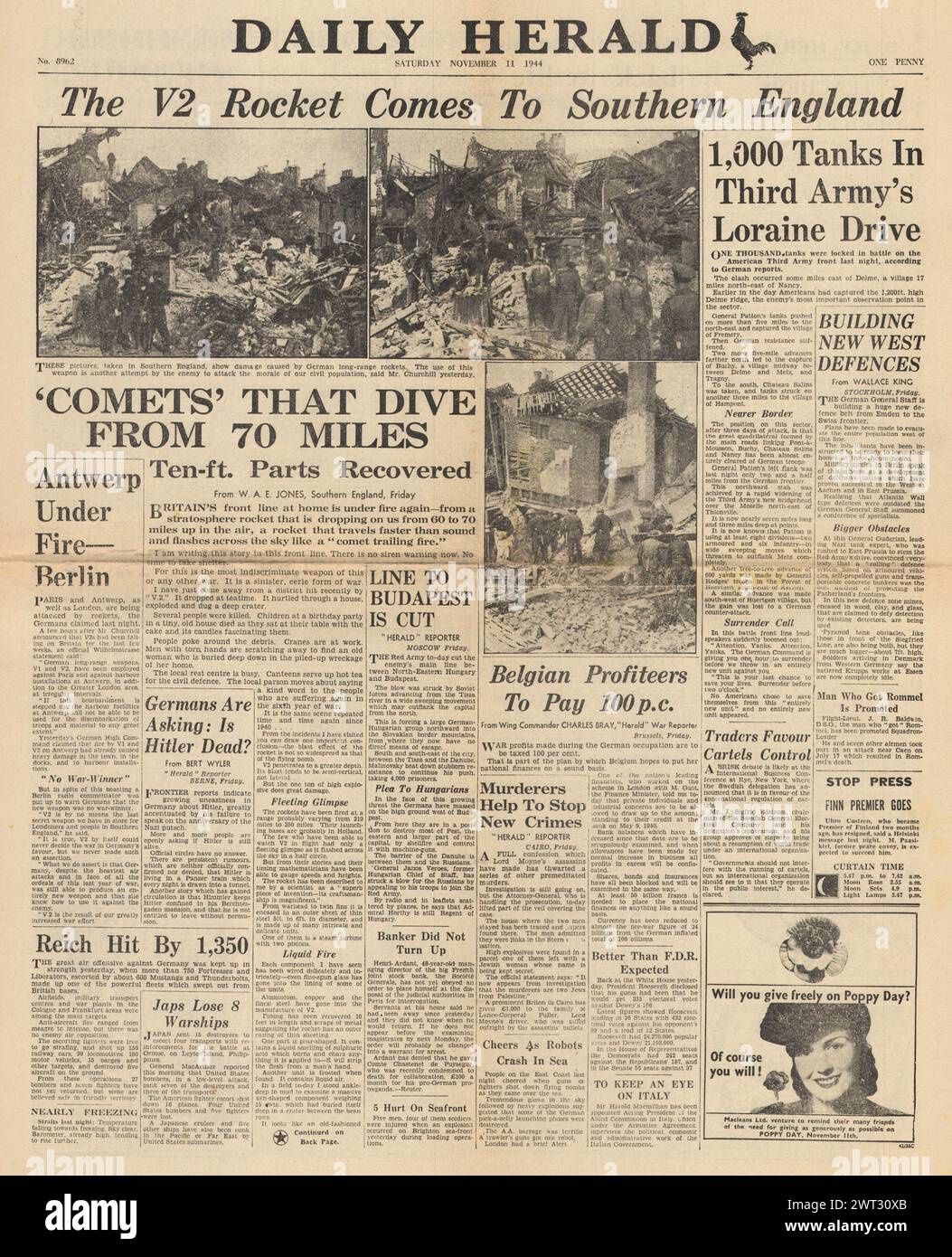 1944 Daily Herald page de couverture faisant état d'attaques à la roquette V2 sur la Grande-Bretagne et l'avancée de la troisième armée américaine en Lorraine Banque D'Images