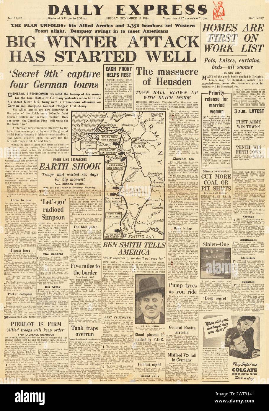 La page d'accueil du Daily Express de 1944 rapporte le début de l'offensive hivernale alliée et le fait exploser la mairie de Heusden par les forces allemandes Banque D'Images