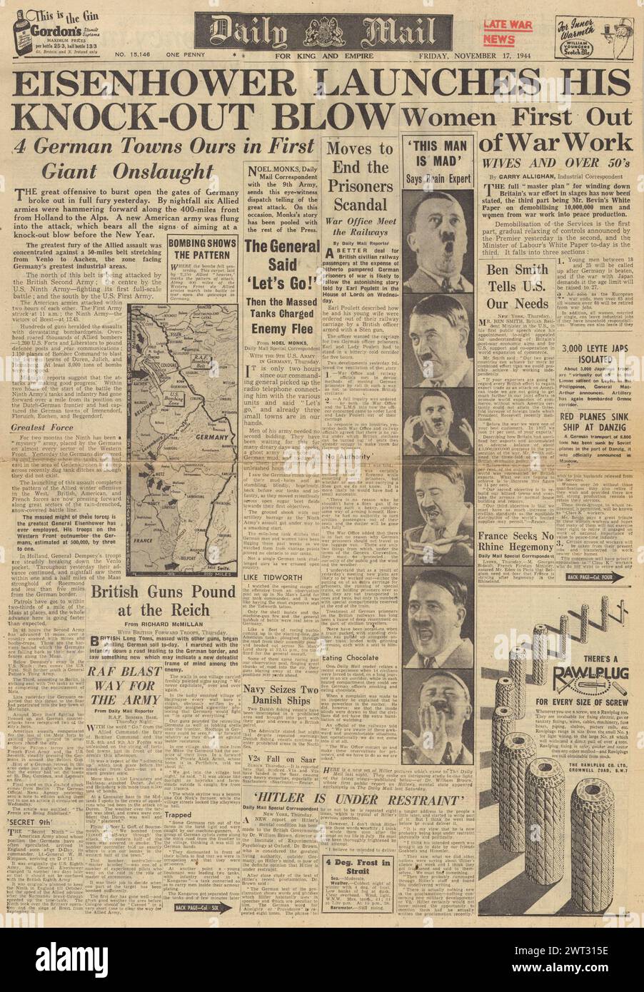 1944 Daily mail page d'accueil signalant le début d'une offensive hivernale alliée Banque D'Images