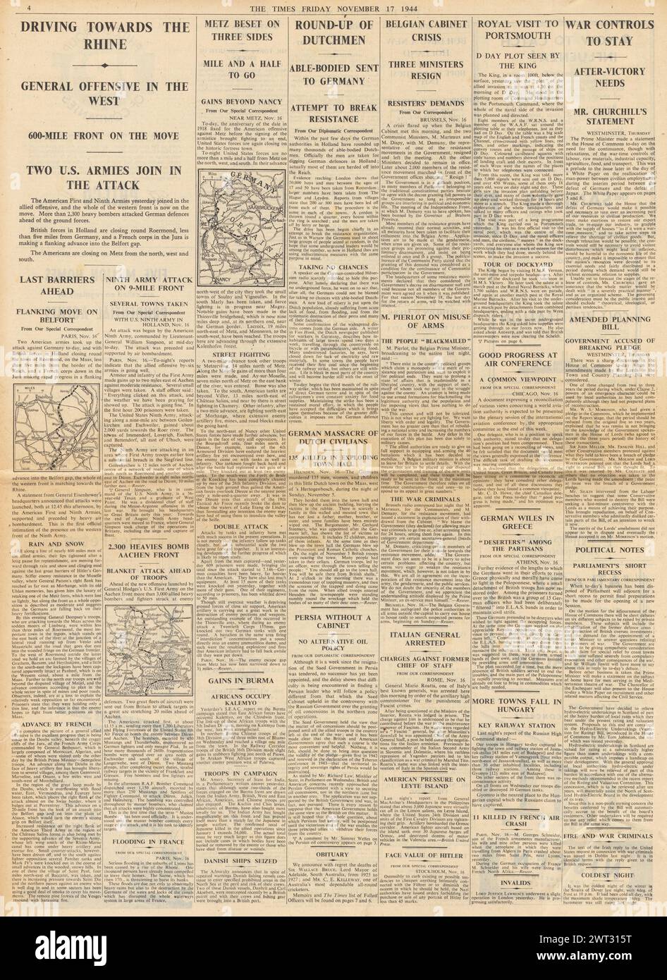1944 le Times annonçant une énorme offensive hivernale alliée commence, la bataille pour Metz et les forces allemandes font exploser la mairie de Heusden Banque D'Images