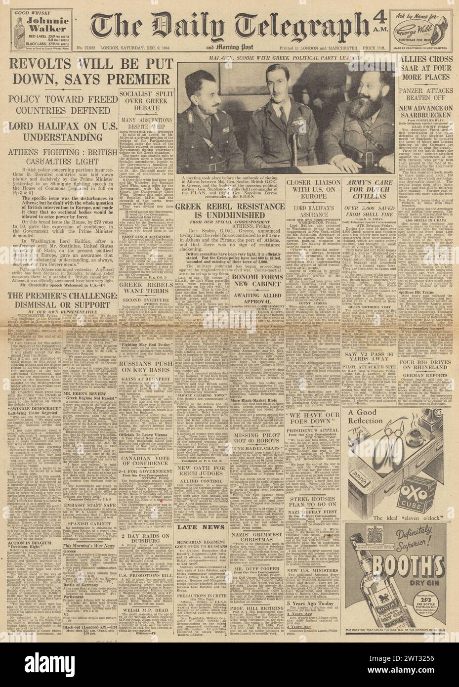 1944 la page d'accueil du Daily Telegraph fait état de troubles en Grèce Banque D'Images