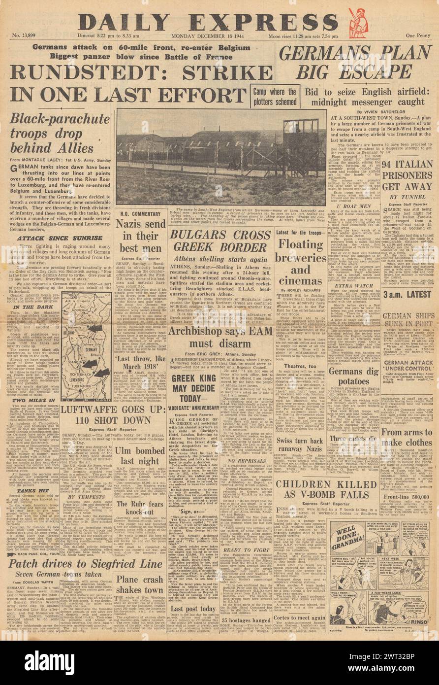 1944 Daily Express/la page déclaration Bataille des Ardennes Banque D'Images