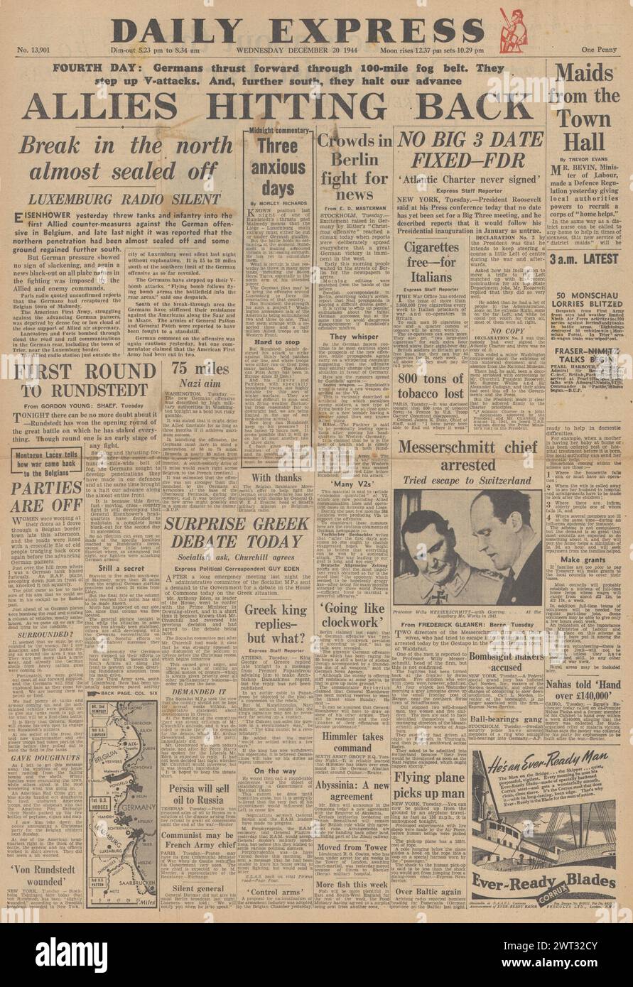 1944 Daily Express/la page déclaration Bataille des Ardennes Banque D'Images
