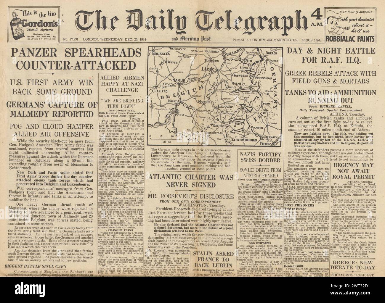 1944 le Daily Telegraph, page d'accueil, rapporte la bataille des Ardennes, la situation du débat parlementaire en Grèce et Mme Roosevelt affirme que la Charte atlantique n'a jamais été signée Banque D'Images