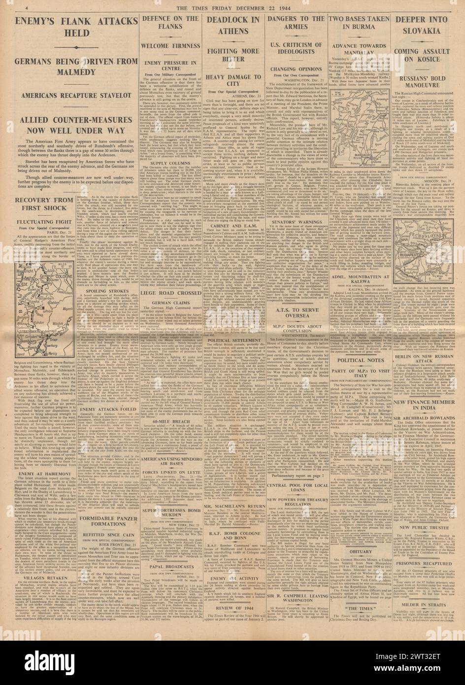 1944 le Times rapporte la bataille des Ardennes, les troubles en Grèce, l'avancée des Alliés en Birmanie et l'Armée rouge en Slovaquie Banque D'Images