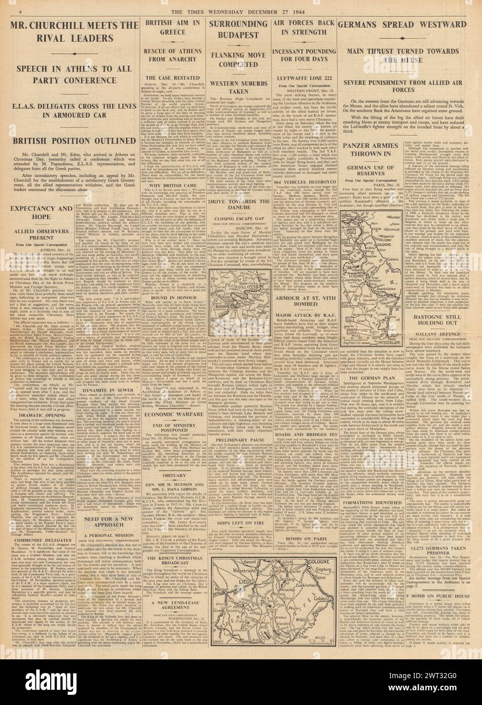 1944 le Times rapporte la bataille des Ardennes, Churchill à Athènes pour des pourparlers de crise et l'Armée rouge entourent Budapest Banque D'Images