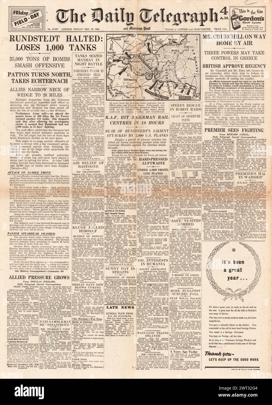 1944 la page de couverture du Daily Telegraph rapporte la bataille des Ardennes et la bombe des centres ferroviaires allemands de la RAF Banque D'Images