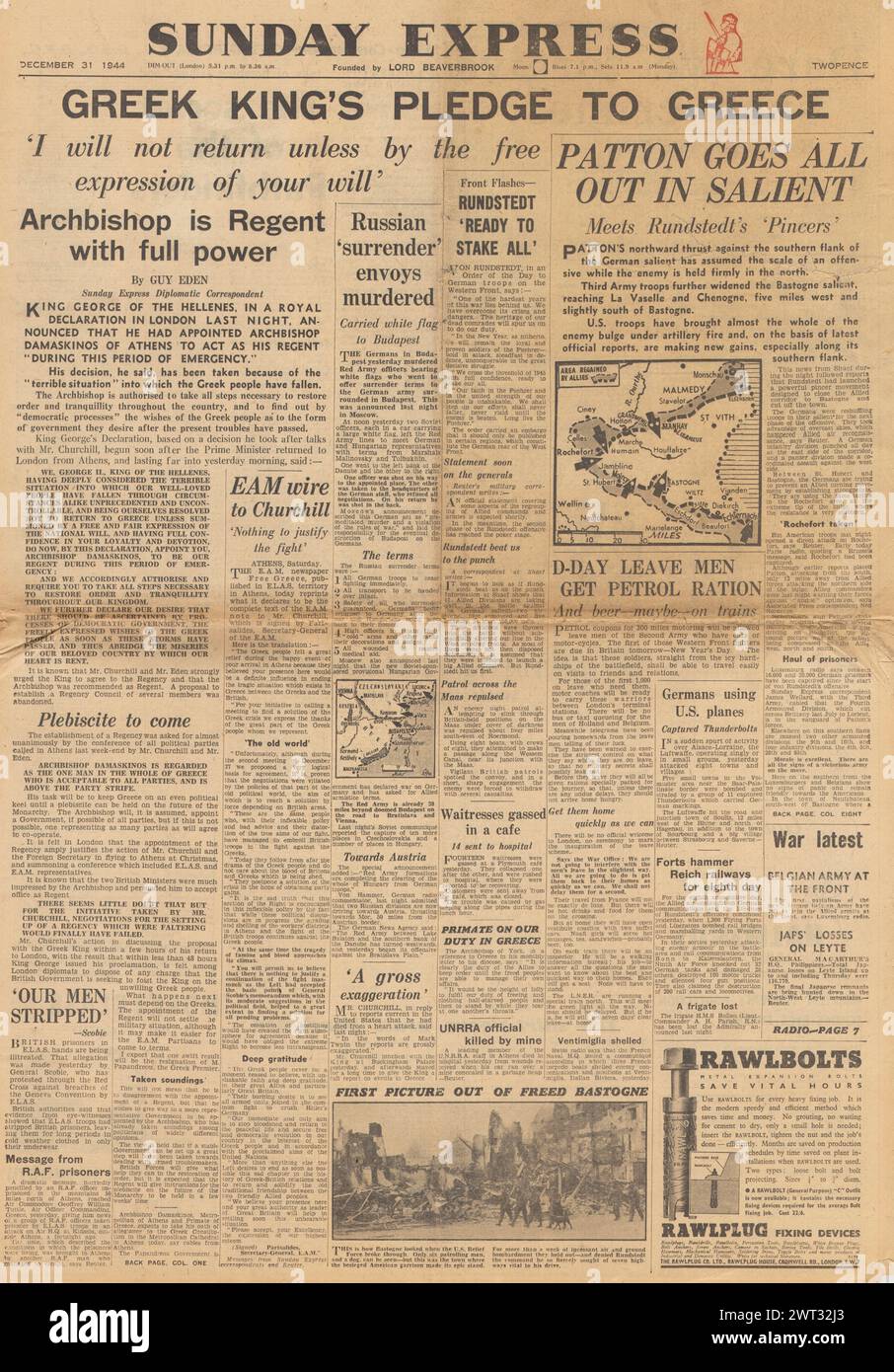 1944 Sunday Express page de couverture reportant la bataille des Ardennes et le roi George de Grèce fait un engagement envers le peuple de Grèce Banque D'Images