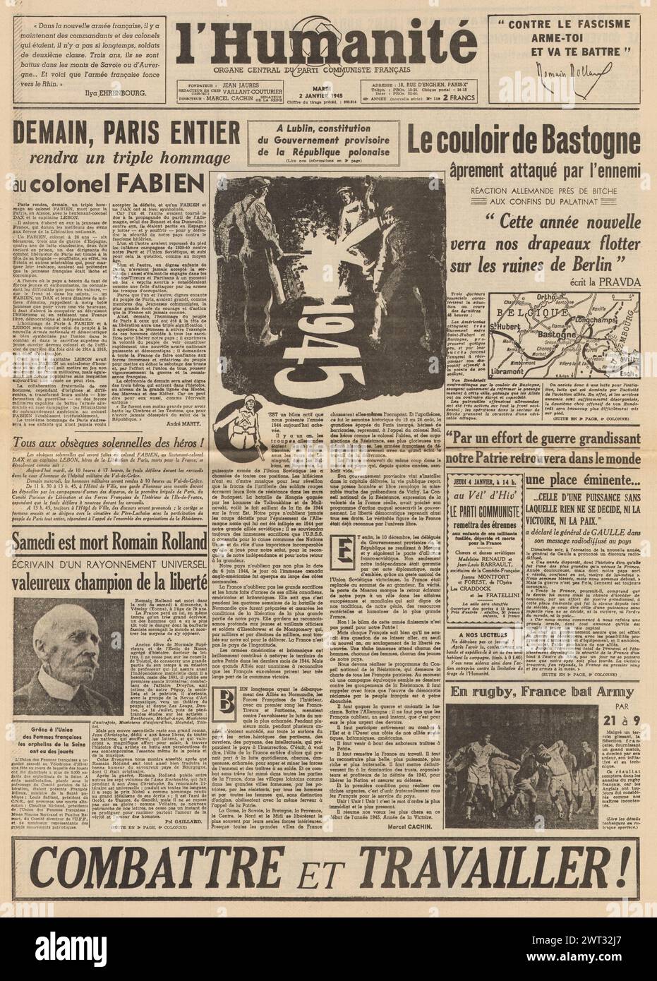 1945 la première page de L'humanité rapporte la bataille des Ardennes Banque D'Images