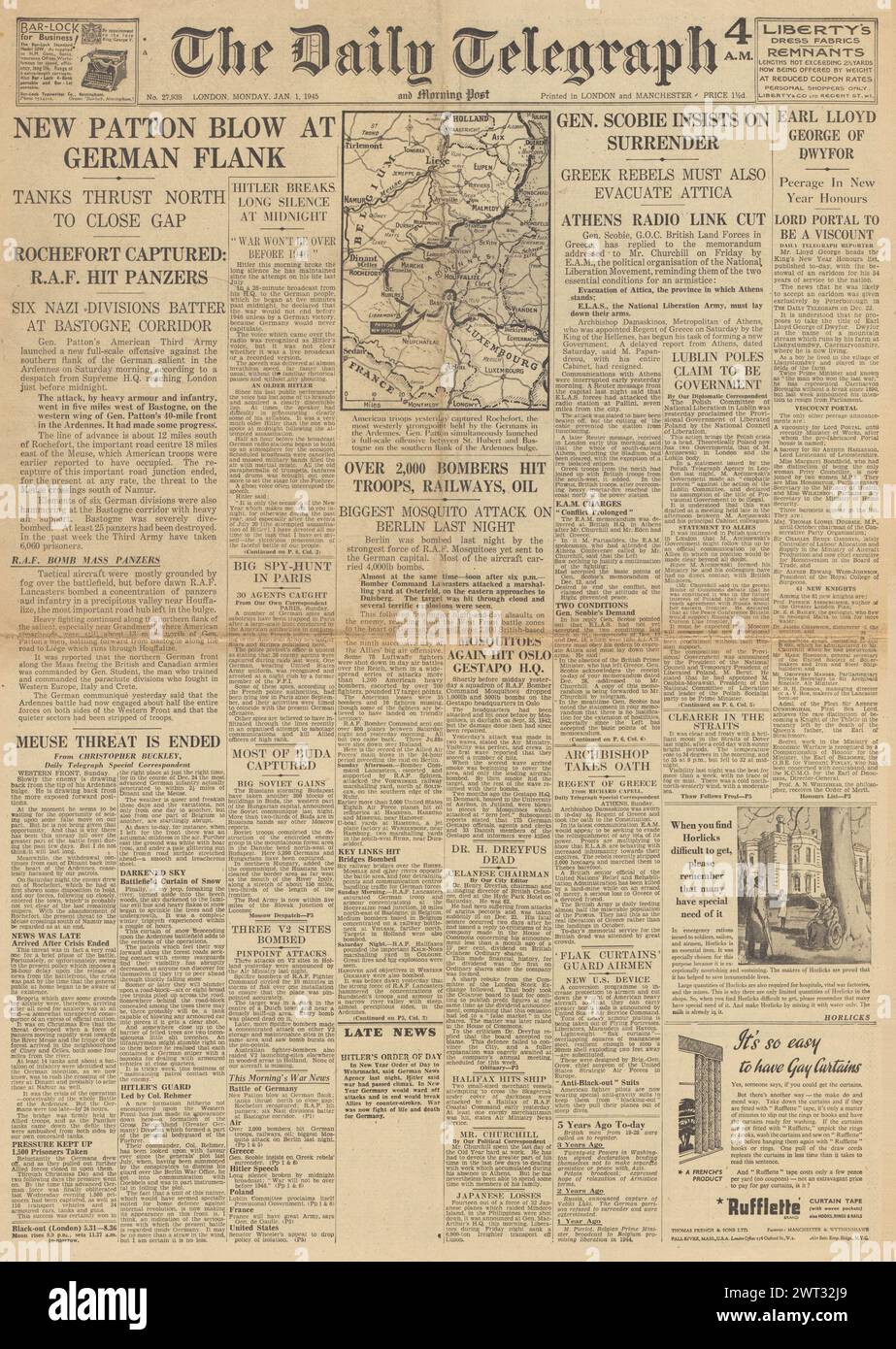 1945 la page de couverture du Daily Telegraph rapporte la bombe de la RAF à Berlin, la bataille des Ardennes, les troubles en Grèce et la bataille pour Budapest Banque D'Images