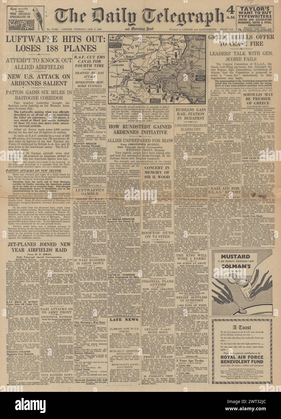 1945 le Daily Telegraph fait état de lourdes pertes de la Luftwaffe, de la bataille des Ardennes, des troubles en Grèce et de la bataille de Budapest Banque D'Images