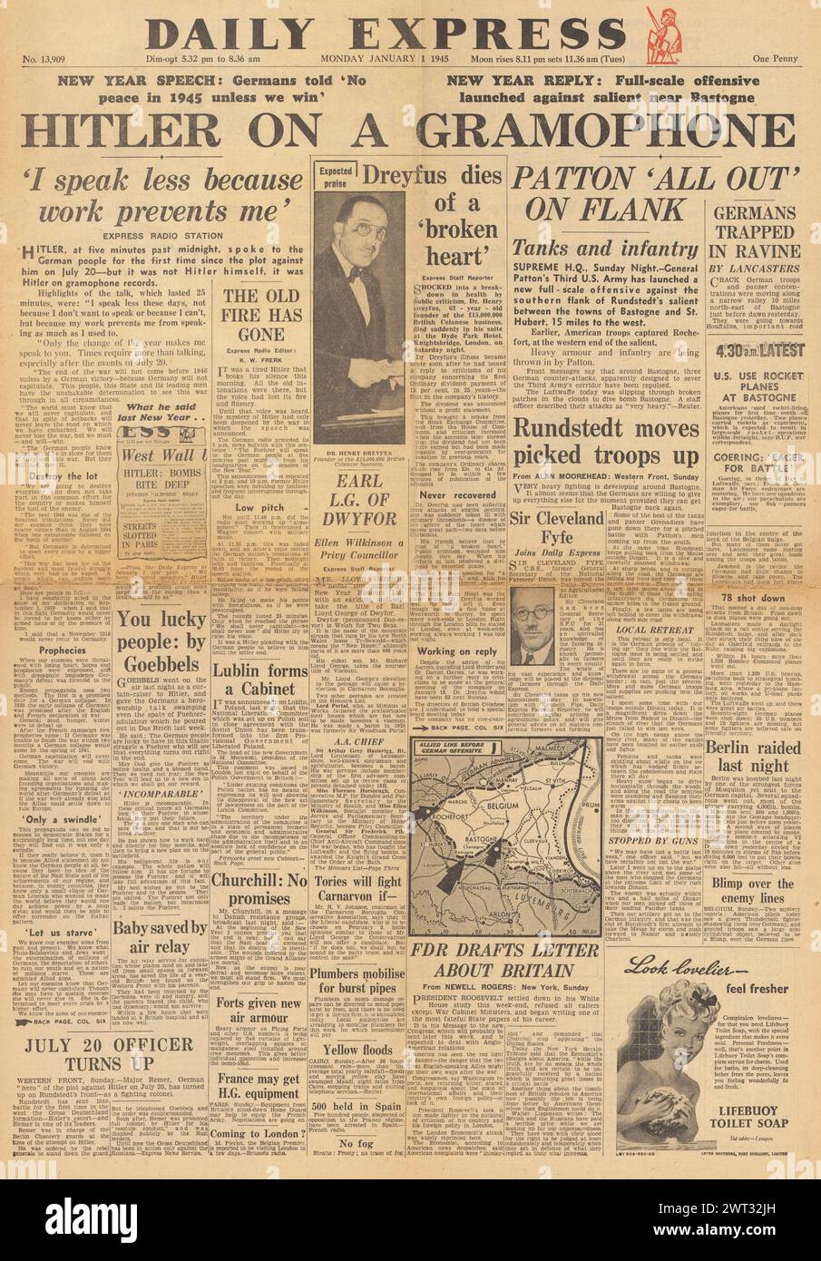 1945 Daily Express page de couverture reportant la bataille des Ardennes et le discours d'Hitler au peuple allemand par enregistrement Banque D'Images