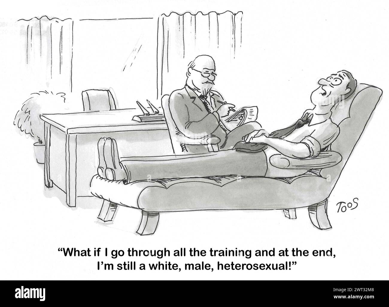 Bande dessinée BW d'un homme parlant à son psychiatre, il s'inquiète d'être blanc, masculin, hétérosexuel. Banque D'Images