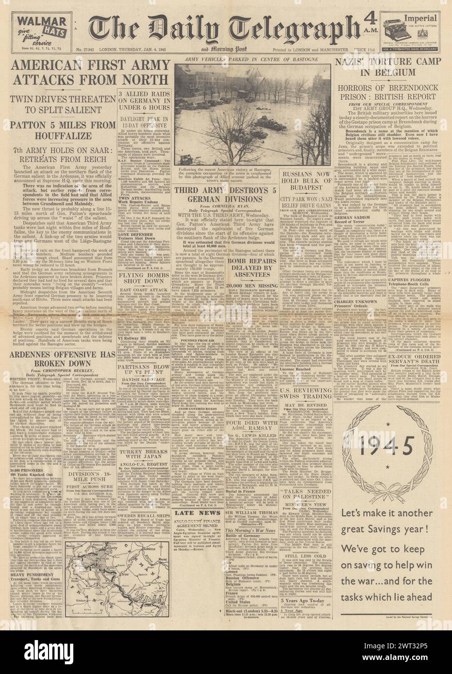 1945 la page de couverture du Daily Telegraph rapporte la bataille des Ardennes, la bataille pour la Sarre, la bataille pour Budapest et la prison de la Gestapo Fort Breendonk Banque D'Images