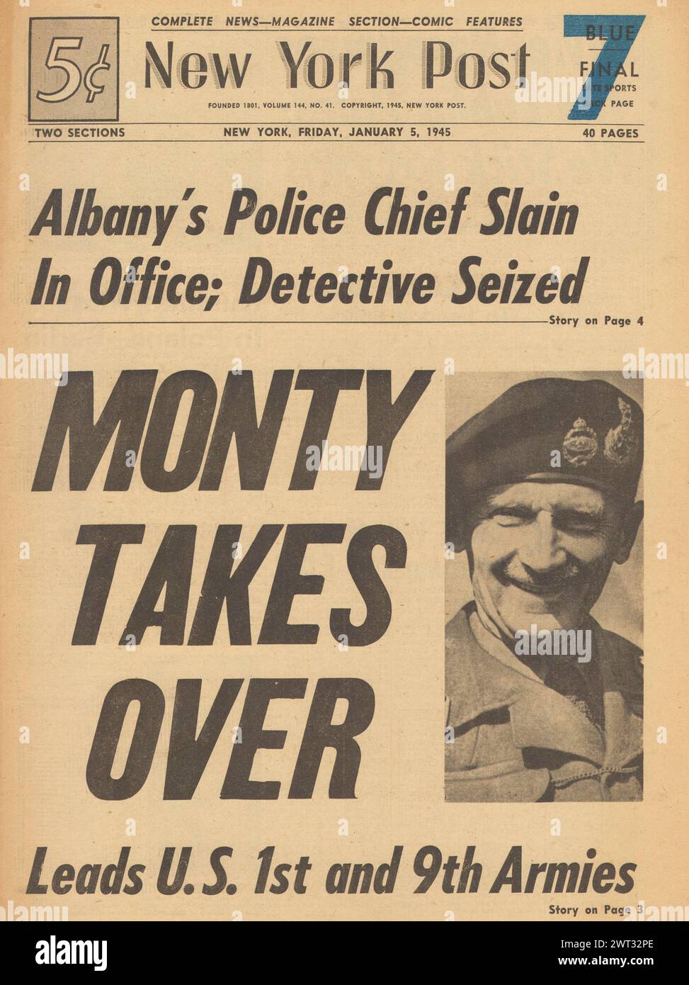 1945 New York Post en première page signalant que Montgomery dirige deux armées américaines Banque D'Images