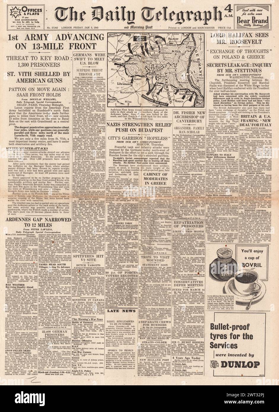 1945 le Daily Telegraph page de couverture rapporte la bataille des Ardennes, la bataille de Budapest, Geoffrey Fisher est nommé archevêque de Canterbury et Lord Halifax à Washington Banque D'Images