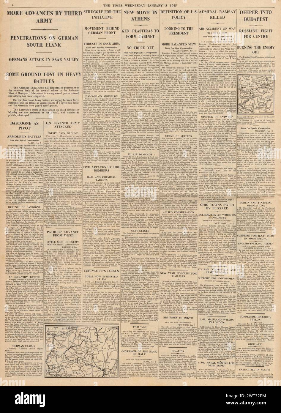 1945 The Times rapporte de lourdes pertes de la Luftwaffe, bataille des Ardennes, amiral Bertram Ramsey tué en Belgique, VC attribué à George Eardley et troubles à Athènes Banque D'Images