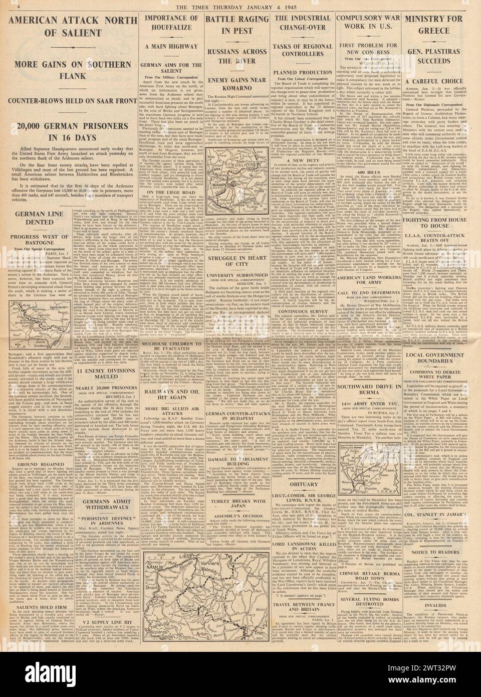 1945 le Times rapporte la bataille des Ardennes, la bataille de Budapest et le général Plastirus prend le relais en Grèce Banque D'Images