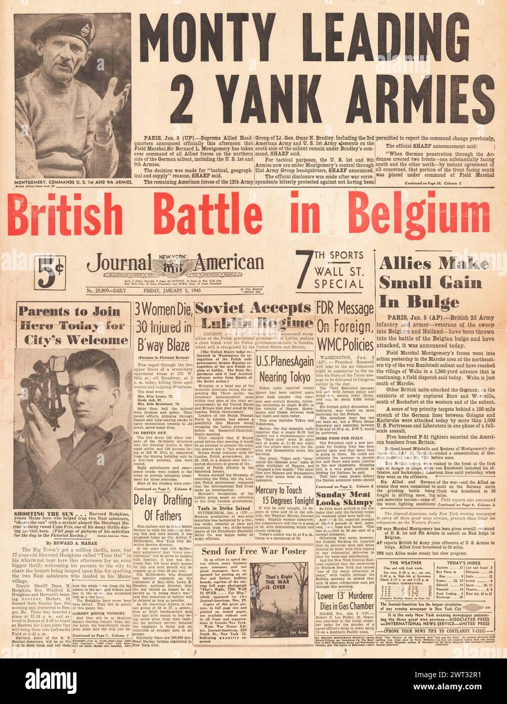 1945 Journal page d'accueil américaine reportant la bataille des Ardennes, la bataille pour la Sarre, le nouveau gouvernement polonais à Lublin et Montgomery dirige deux armées américaines Banque D'Images