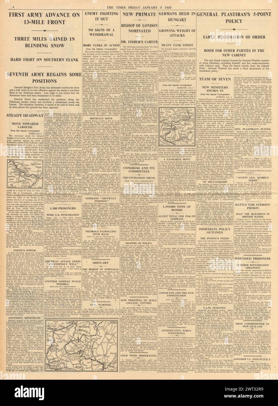 1945 le Times rapporte la bataille des Ardennes, la bataille de Budapest, Geoffrey Fisher nommé archevêque de Cantorbéry et Genral Plastirus nomme le nouveau gouvernement grec Banque D'Images