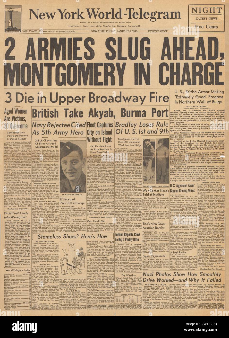 1945 New York World - Telegram page d'accueil relatant la bataille des Ardennes, la bataille pour la Sarre, les forces britanniques capturent l'île d'Akyab et Montgomery dirige deux armées américaines Banque D'Images