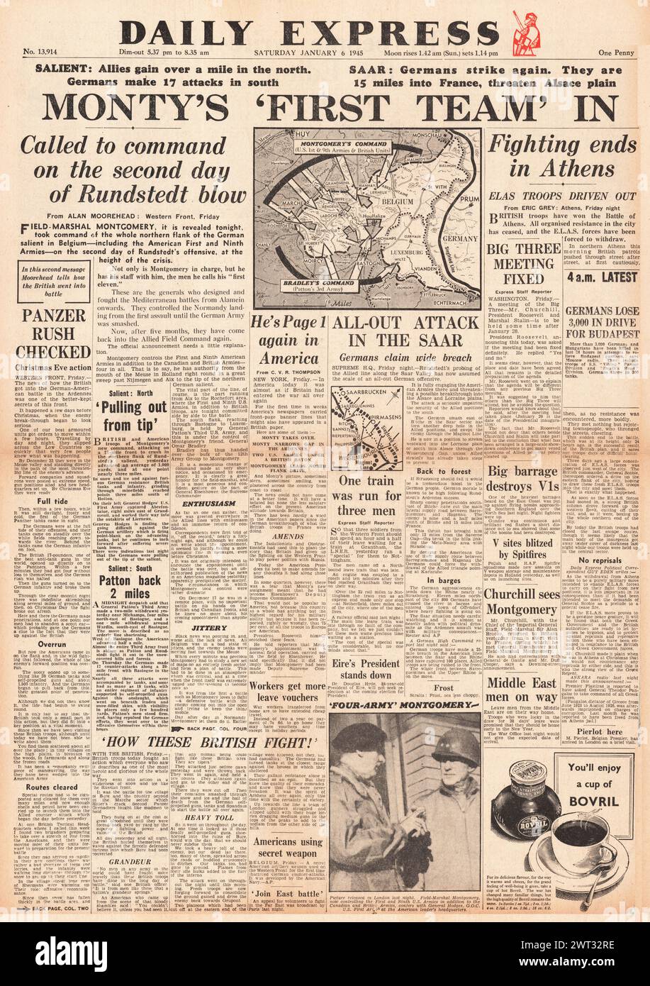 1945 Daily Express page d'accueil reportant la bataille des Ardennes et la fin des combats à Athènes Banque D'Images