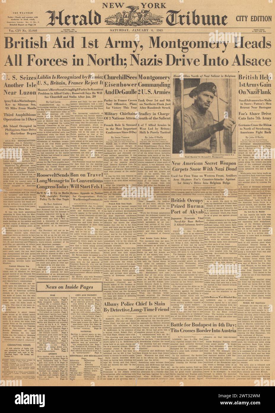 1945 New York Herald Tribune page de couverture faisant état de la bataille des Ardennes Banque D'Images
