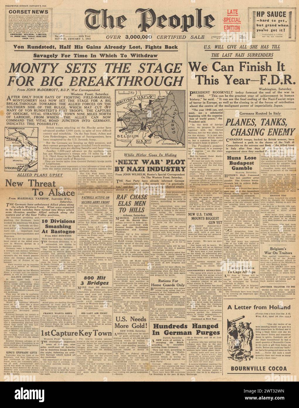 1945 la page d'accueil du peuple rapporte bataille des Ardennes, bataille pour la Sarre, Akyab tombe aux mains des Alliés et Roosevelt prédit que la guerre en Europe pourrait prendre fin cette année Banque D'Images