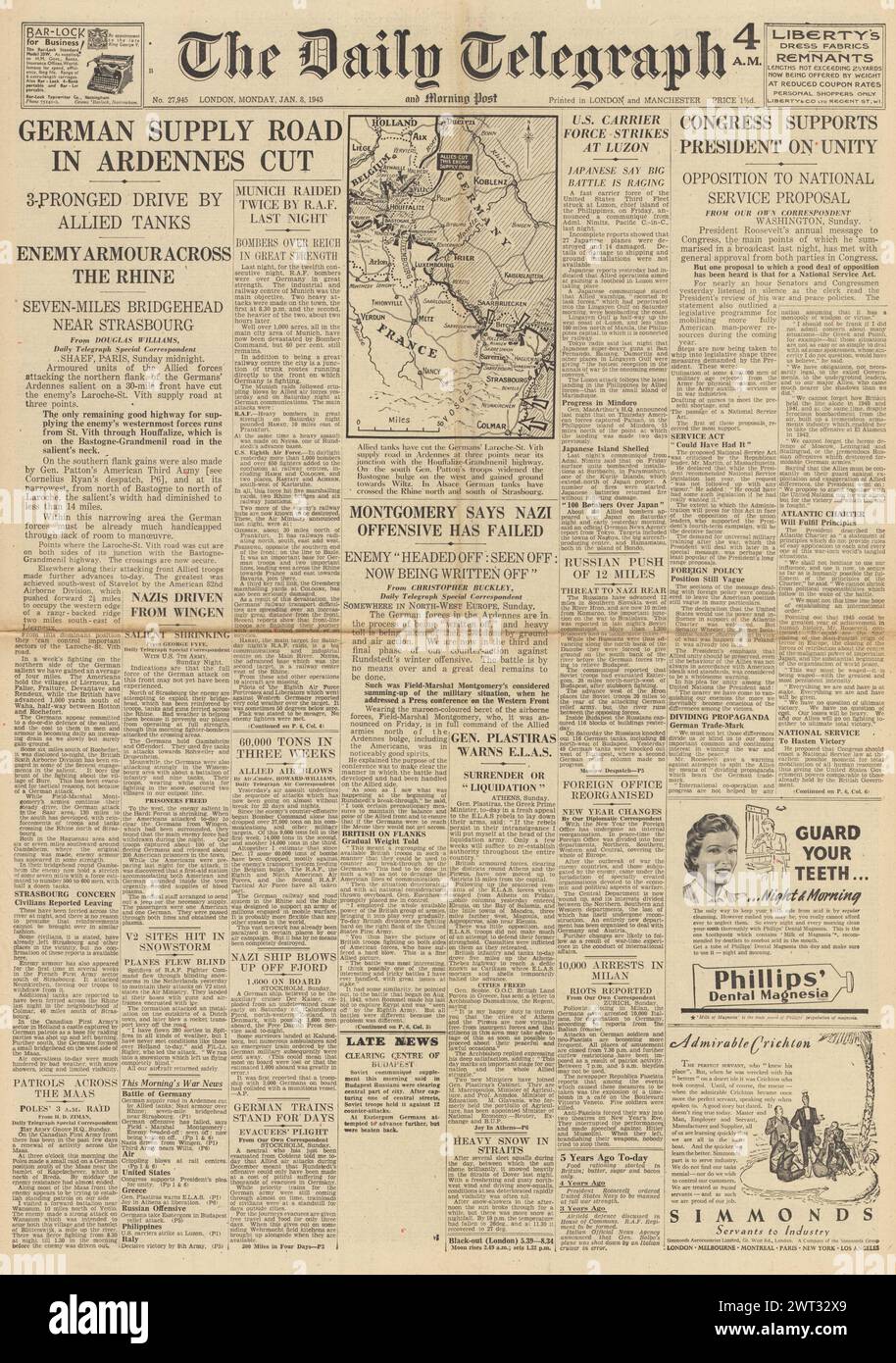 1945 la page d'accueil du Daily Telegraph rapporte la bataille des Ardennes et l'aicraft de la marine américaine coulent des navires japonais au large de Luçon Banque D'Images