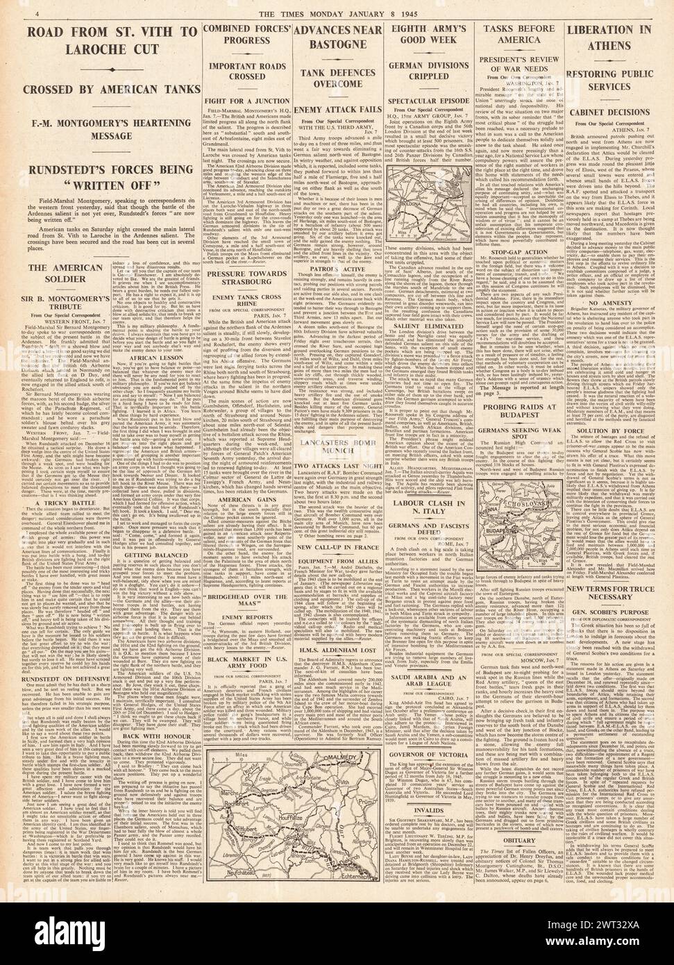 1945 le Times rapporte la bataille des Ardennes, la huitième armée avance en Italie et les combats se terminent à Athènes Banque D'Images