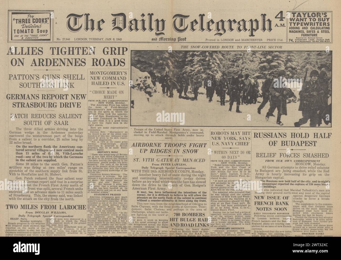 1945 le Daily Telegraph en première page sur la bataille des Ardennes, la menace des armes V contre les États-Unis et la bataille de Budapest Banque D'Images