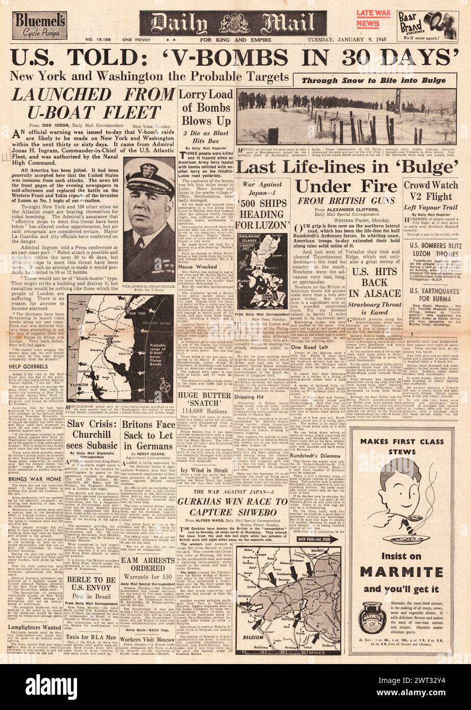 1945 Daily mail page d'accueil faisant état de la menace des armes Battle of the Bulge et V contre les États-Unis Banque D'Images